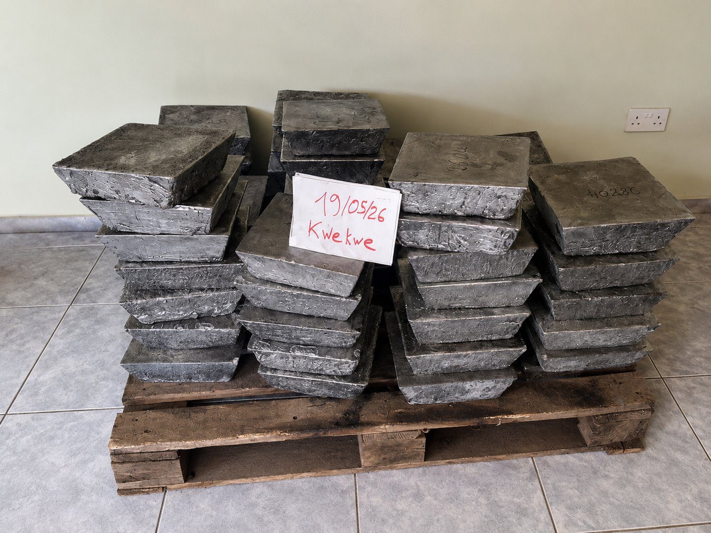 Stacked antimony ingots at 99.7 percent purity, Kwekwe, Zimbabwe